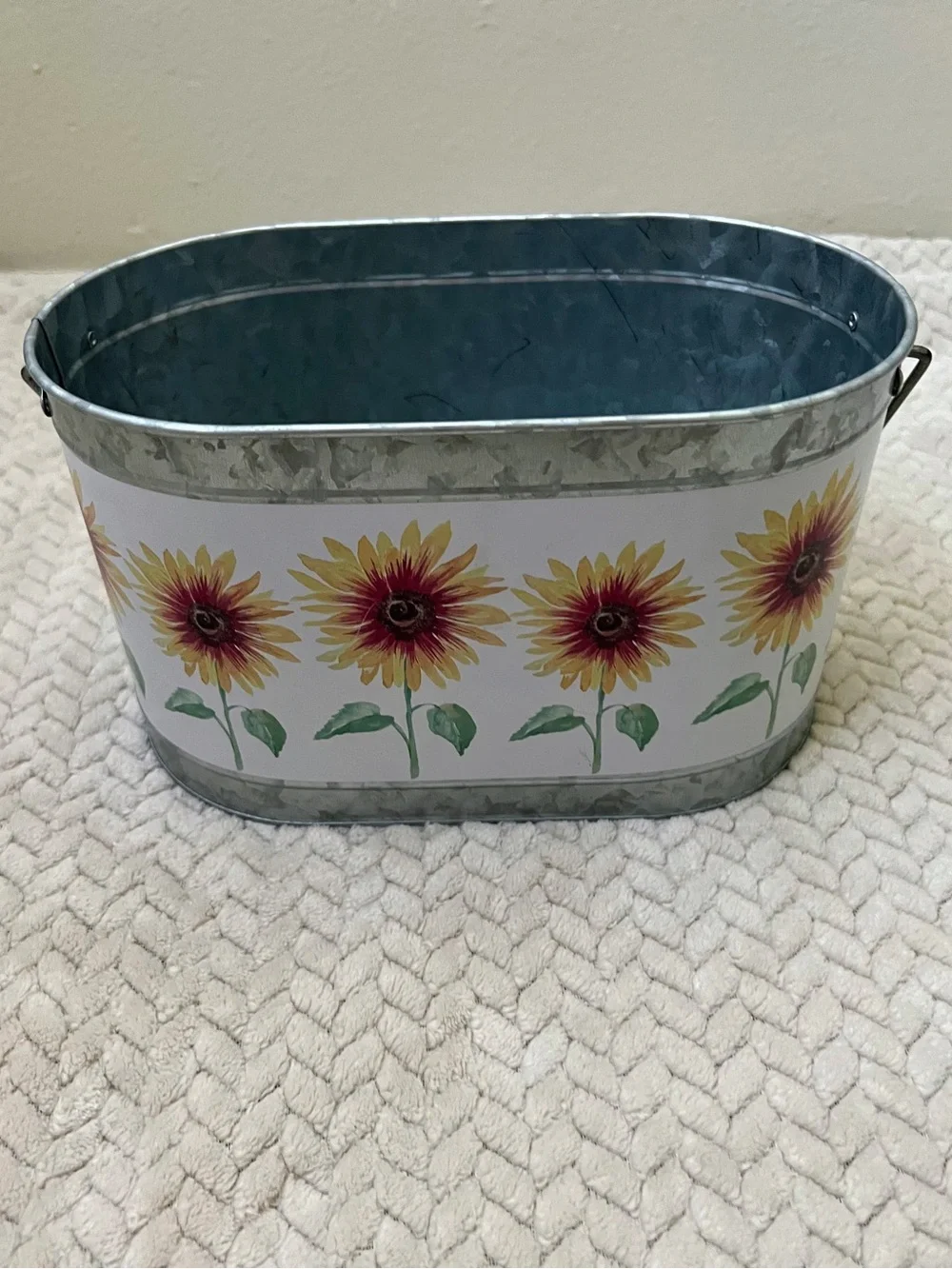 Sunflower Pattern Galvanized Metal Oval Tin - Unbranded